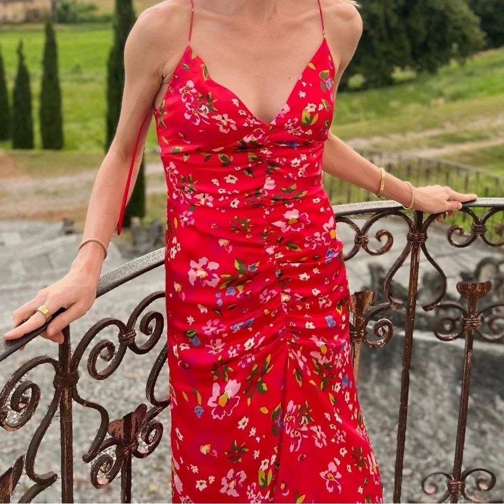 Sau Lee Sofia dress in Red Floral Slip Women’s size 00 Midi Wedding Cocktail - Picture 5 of 6